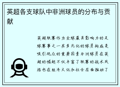 英超各支球队中非洲球员的分布与贡献