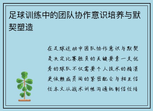 足球训练中的团队协作意识培养与默契塑造