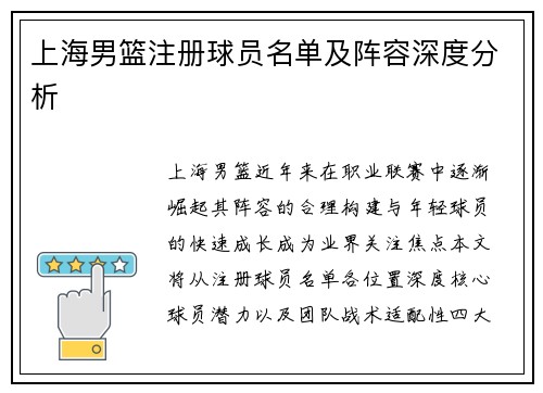 上海男篮注册球员名单及阵容深度分析